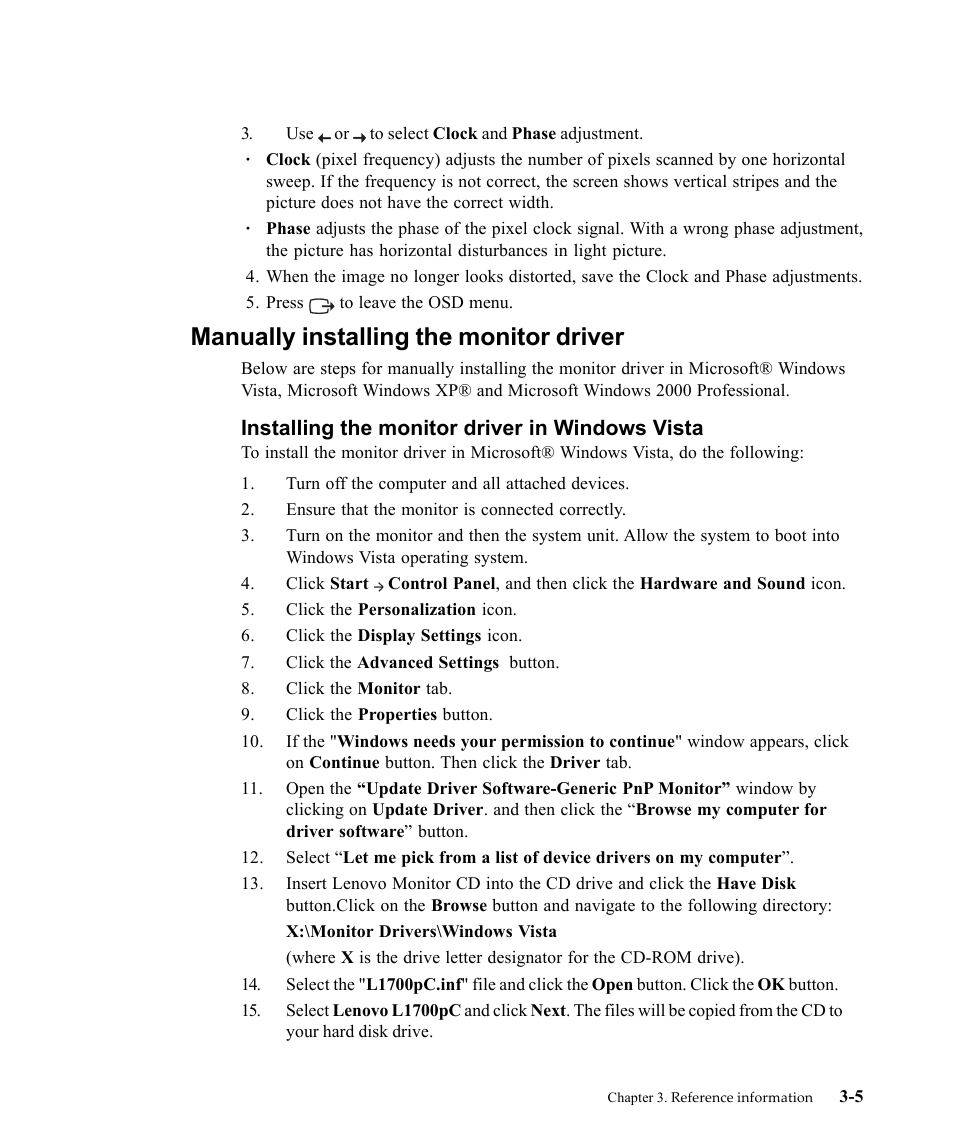 Manually installing the monitor driver, Installing the monitor driver in windows vista | Lenovo L1700P User Manual | Page 27 / 38