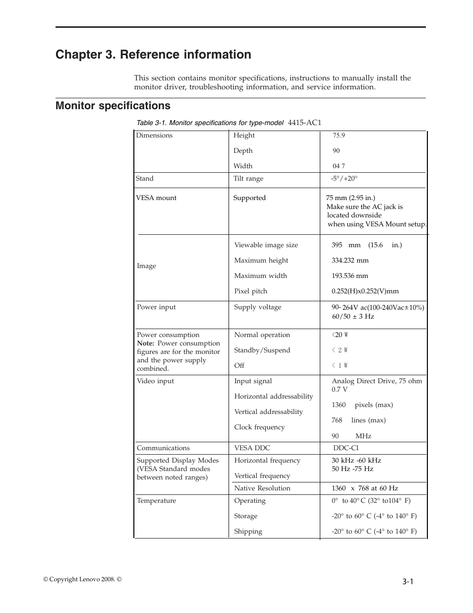 Chapter 3. reference information, Monitor specifications, Chapter | Reference, Information, Monitor, Specifications | Lenovo D154W User Manual | Page 18 / 33