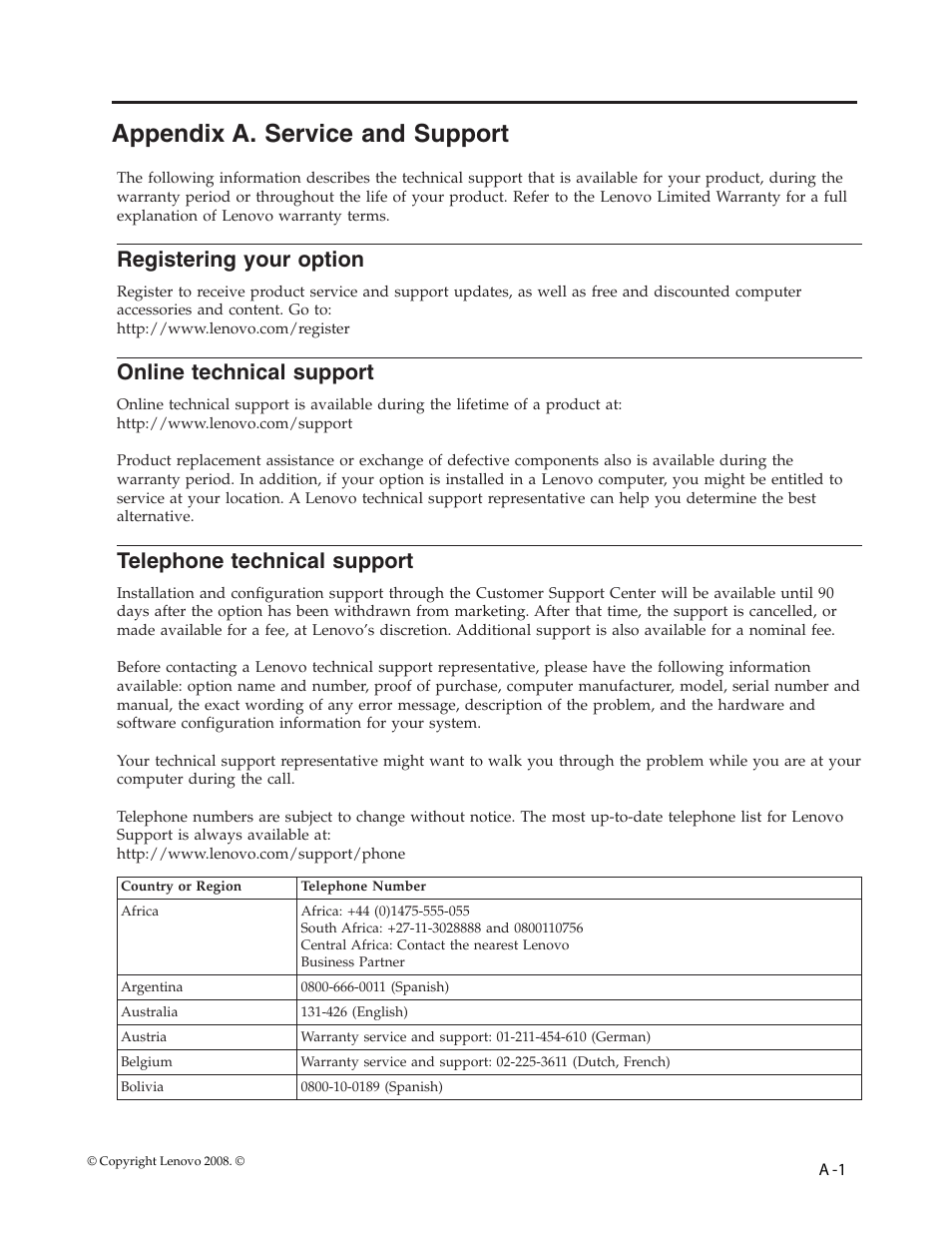 Appendix a. service and support, Online technical support, Telephone technical support | Worldwide telephone list, Appendix, Service, Support, Registering, Your, Option | Lenovo D154W User Manual | Page 27 / 33