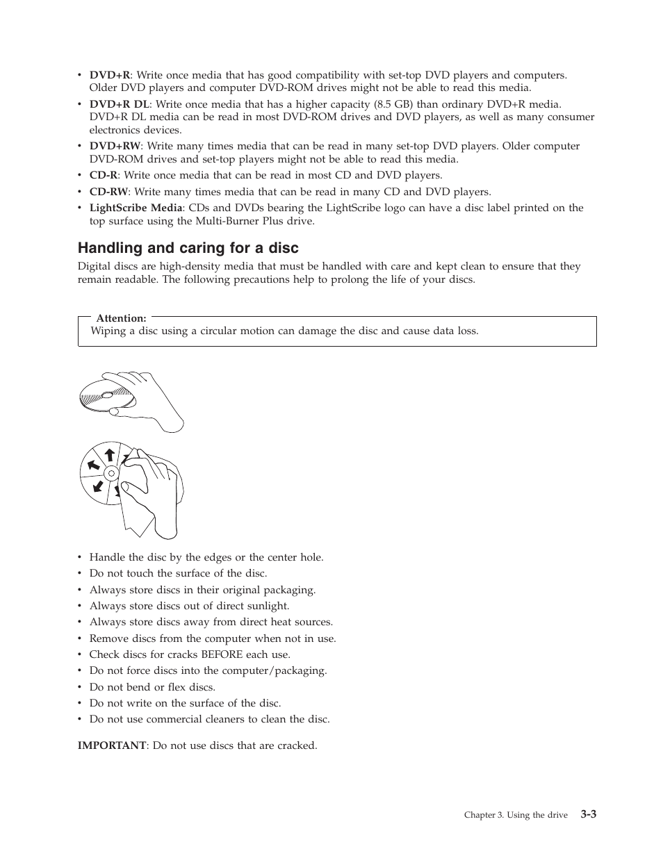 Handling and caring for a disc, Handling, Caring | Disc | Lenovo ThinkCentre 41N5583 User Manual | Page 25 / 72