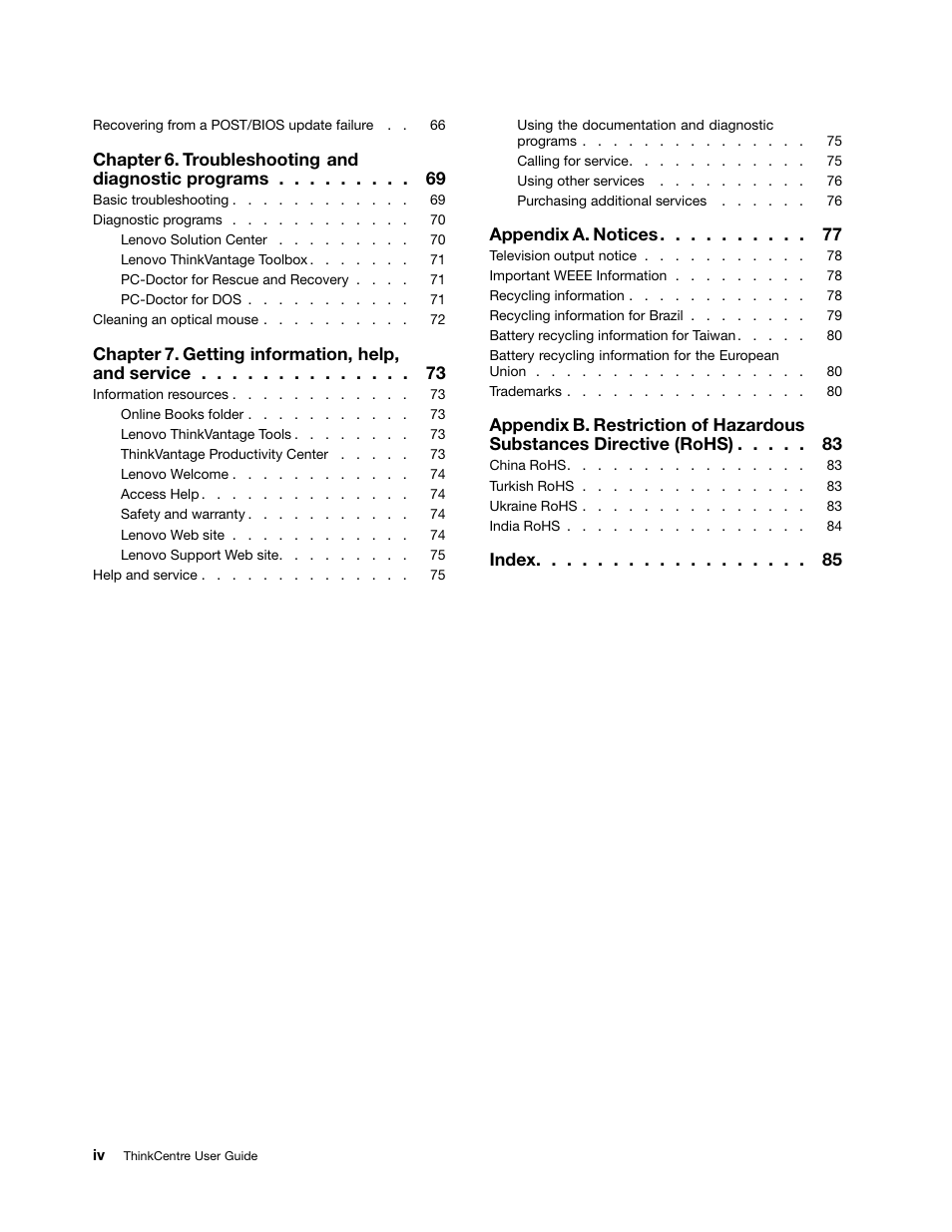 Chapter 6. troubleshooting and diagnostic programs, Chapter 7. getting information, help, and service, Appendix a. notices | Index | Lenovo 5248 User Manual | Page 6 / 98