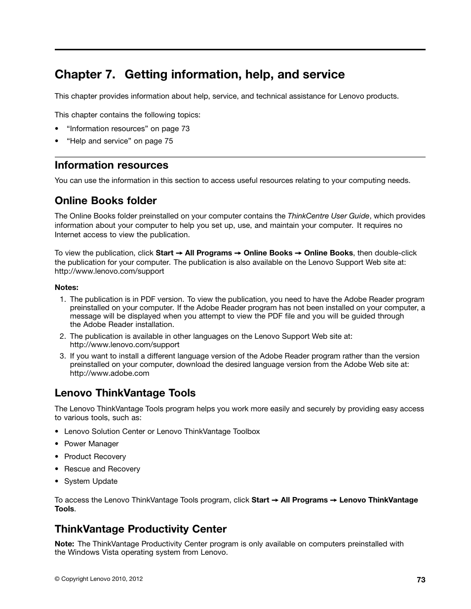 Chapter 7. getting information, help, and service, Information resources, Online books folder | Lenovo thinkvantage tools, Thinkvantage productivity center | Lenovo 5248 User Manual | Page 81 / 98