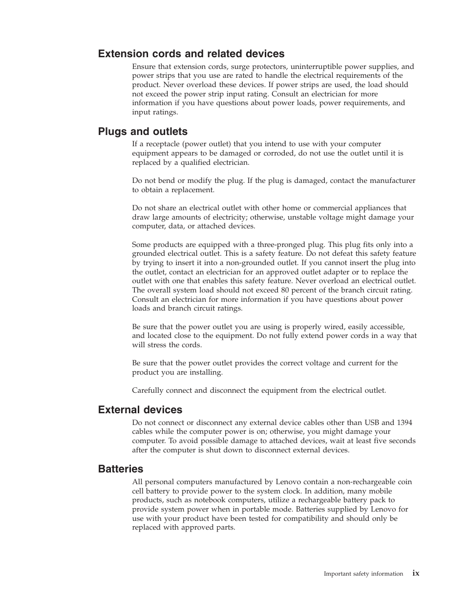 Extension cords and related devices, Plugs and outlets, External devices | Batteries, Extension, Cords, Related, Devices, Plugs, Outlets | Lenovo 6491 User Manual | Page 11 / 98