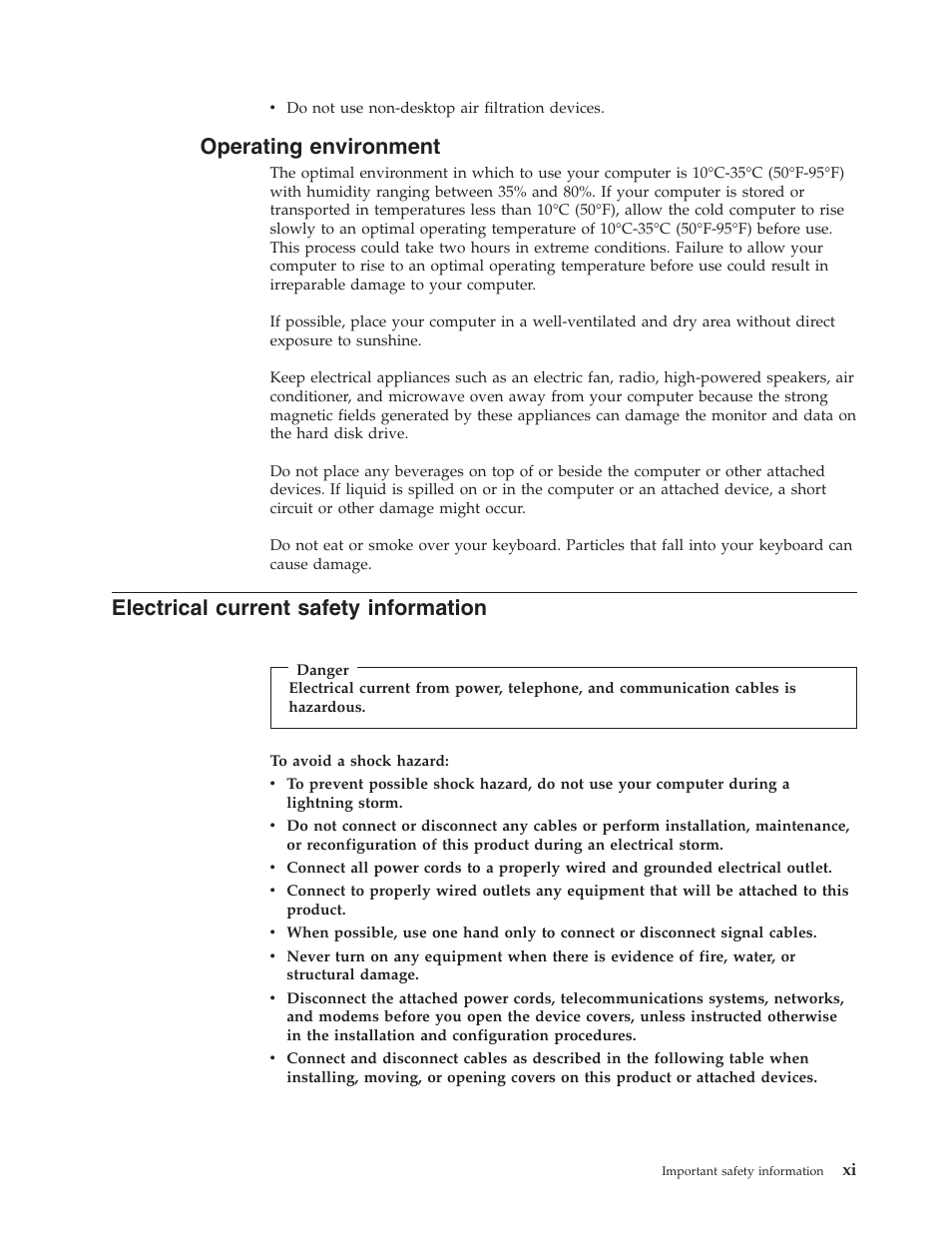 Operating environment, Electrical current safety information, Operating | Environment, Electrical, Current, Safety, Information | Lenovo 6491 User Manual | Page 13 / 98