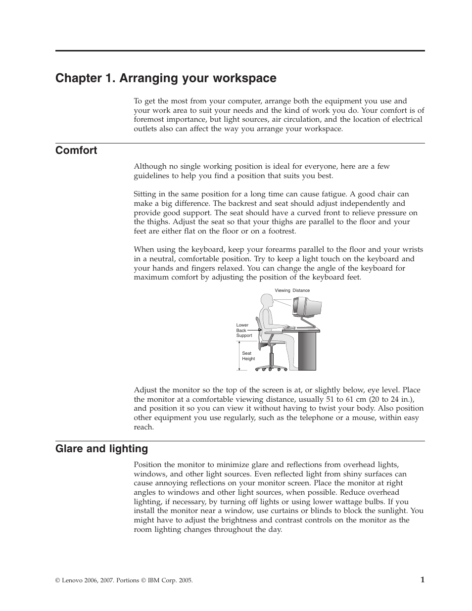 Chapter 1. arranging your workspace, Comfort, Glare and lighting | Chapter, Arranging, Your, Workspace, Glare, Lighting | Lenovo 6491 User Manual | Page 21 / 98