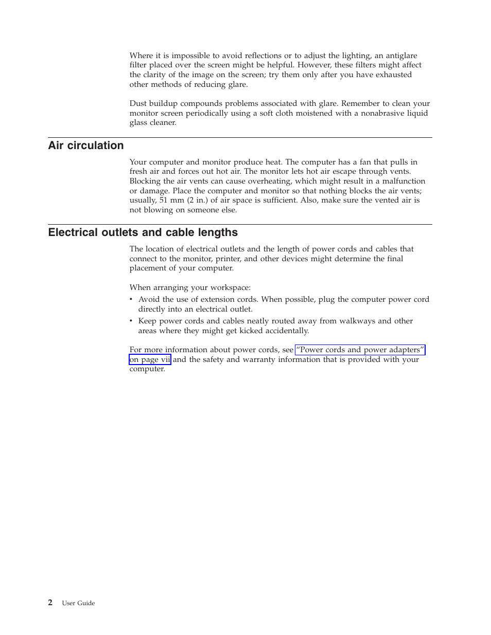 Air circulation, Electrical outlets and cable lengths, Circulation | Electrical, Outlets, Cable, Lengths | Lenovo 6491 User Manual | Page 22 / 98