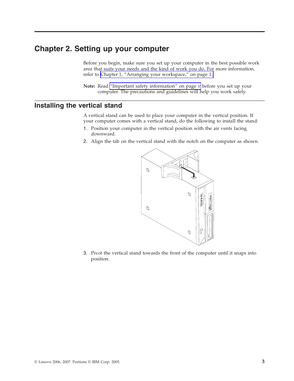 Chapter 2. setting up your computer, Installing the vertical stand, Chapter | Setting, Your, Computer, Installing, Vertical, Stand | Lenovo 6491 User Manual | Page 23 / 98