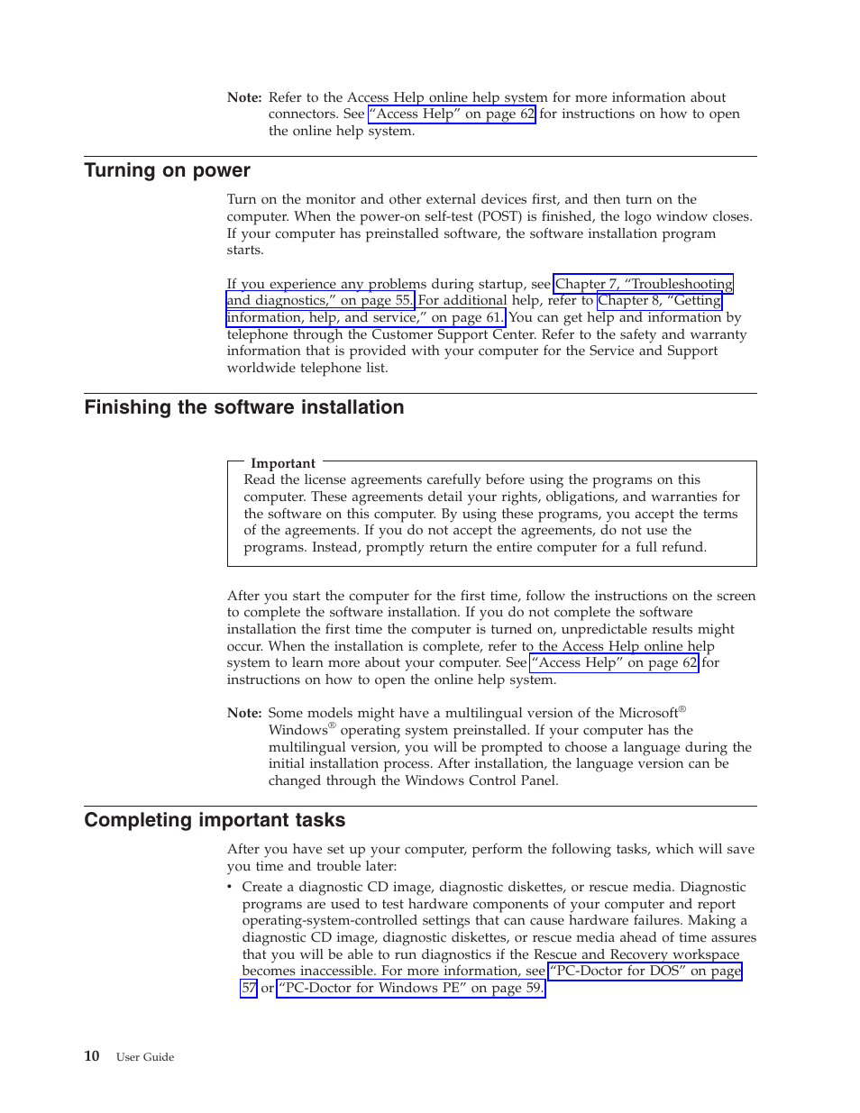 Turning on power, Finishing the software installation, Completing important tasks | Turning, Power, Finishing, Software, Installation, Completing, Important | Lenovo 6491 User Manual | Page 30 / 98
