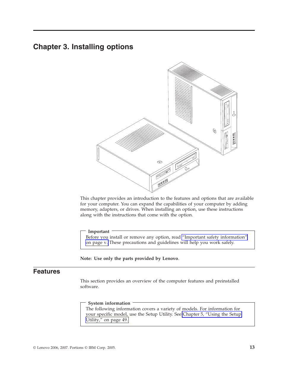 Chapter 3. installing options, Features, Chapter | Installing, Options | Lenovo 6491 User Manual | Page 33 / 98
