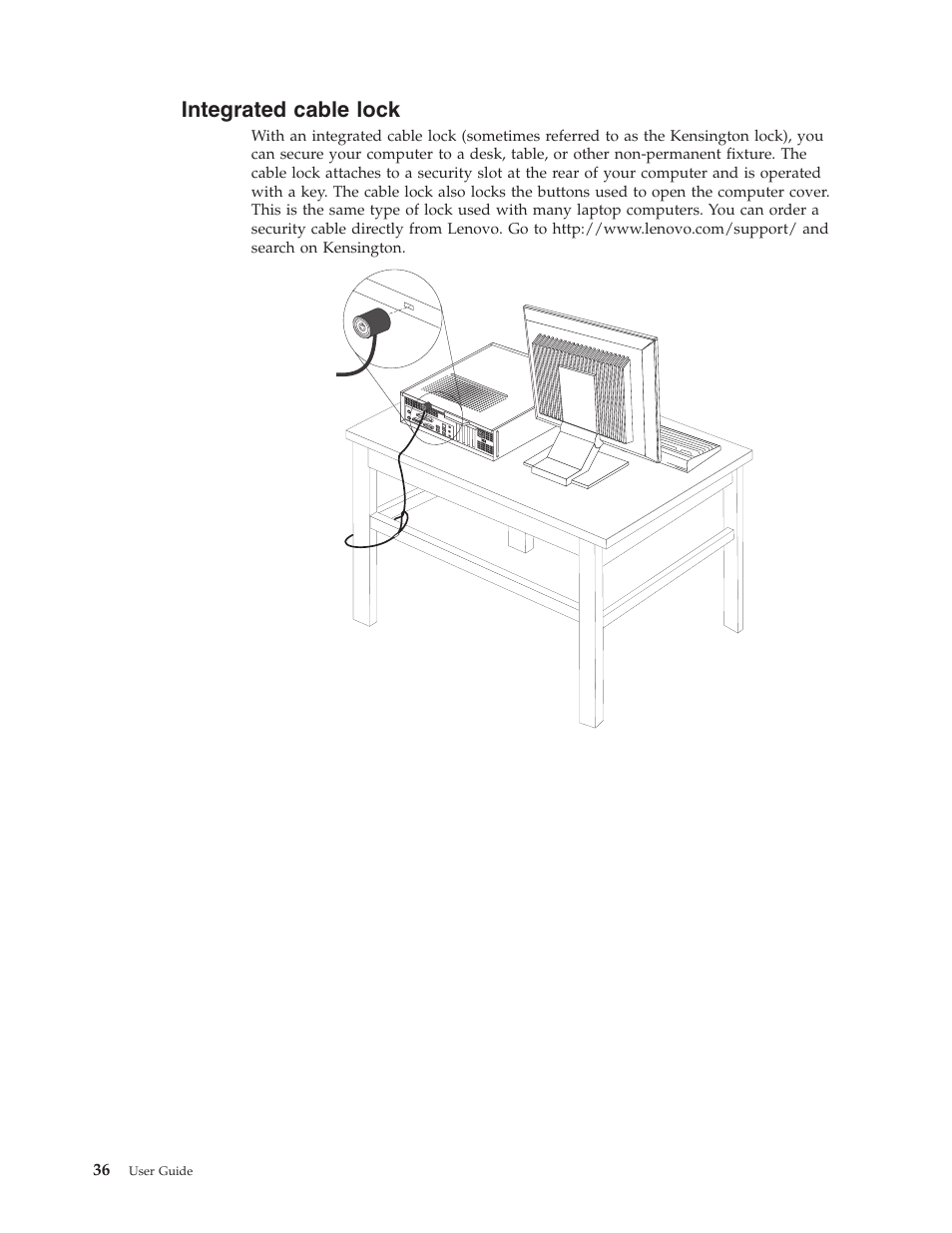 Integrated cable lock, Integrated, Cable | Lock | Lenovo 6491 User Manual | Page 56 / 98