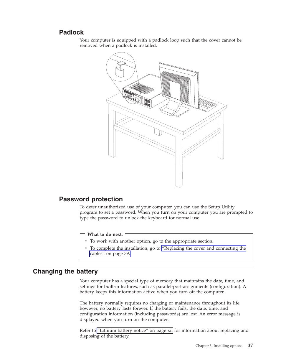 Padlock, Password protection, Changing the battery | Password, Protection, Changing, Battery | Lenovo 6491 User Manual | Page 57 / 98