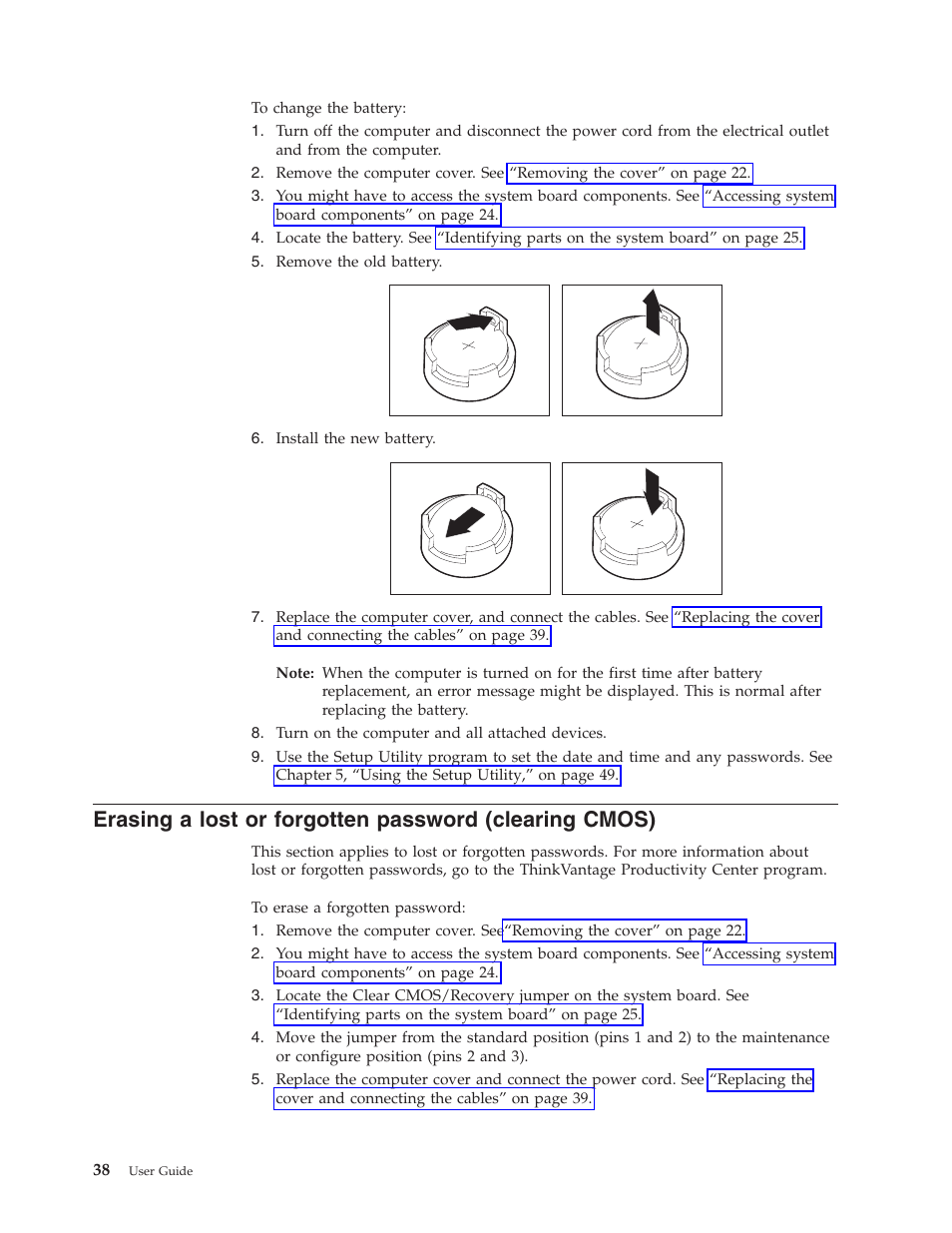 Erasing, Lost, Forgotten | Password, Clearing, Cmos) | Lenovo 6491 User Manual | Page 58 / 98