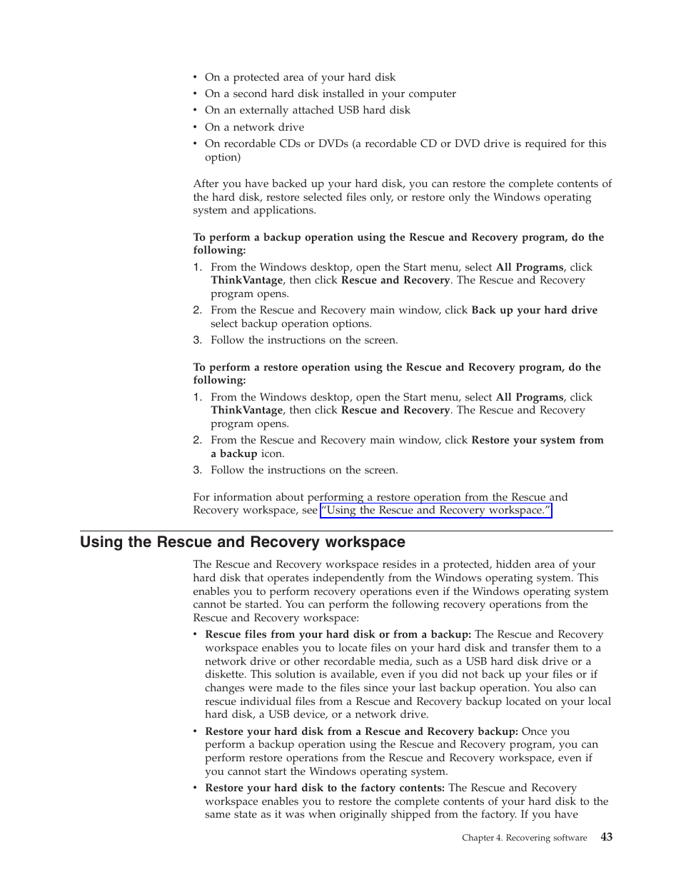 Using the rescue and recovery workspace, Using, Rescue | Recovery, Workspace | Lenovo 6491 User Manual | Page 63 / 98