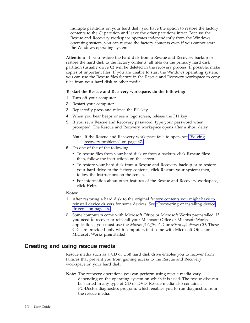 Creating and using rescue media, Creating, Using | Rescue, Media | Lenovo 6491 User Manual | Page 64 / 98