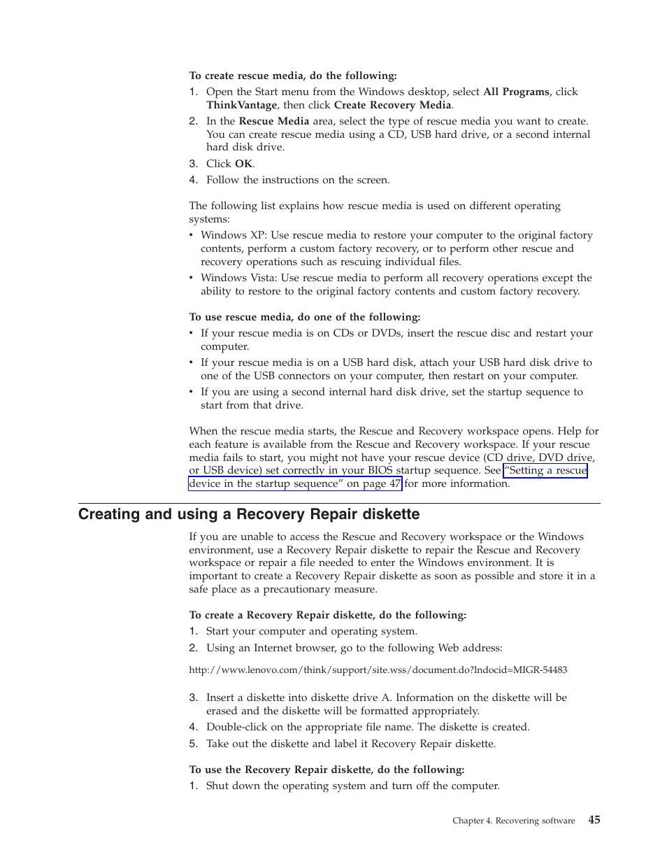 Creating and using a recovery repair diskette, Creating, Using | Recovery, Repair, Diskette | Lenovo 6491 User Manual | Page 65 / 98