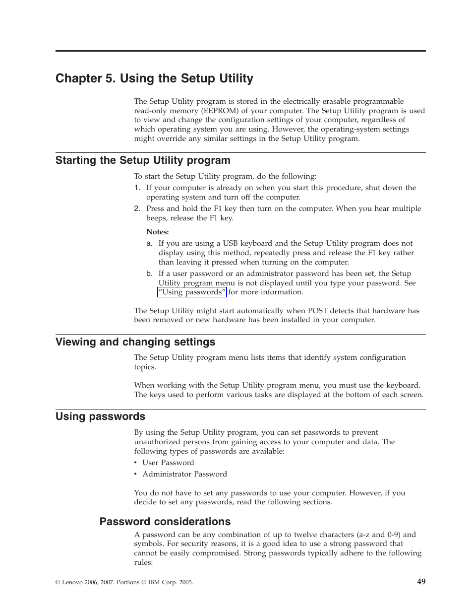 Chapter 5. using the setup utility, Starting the setup utility program, Viewing and changing settings | Using passwords, Password considerations, Chapter, Using, Setup, Utility, Starting | Lenovo 6491 User Manual | Page 69 / 98