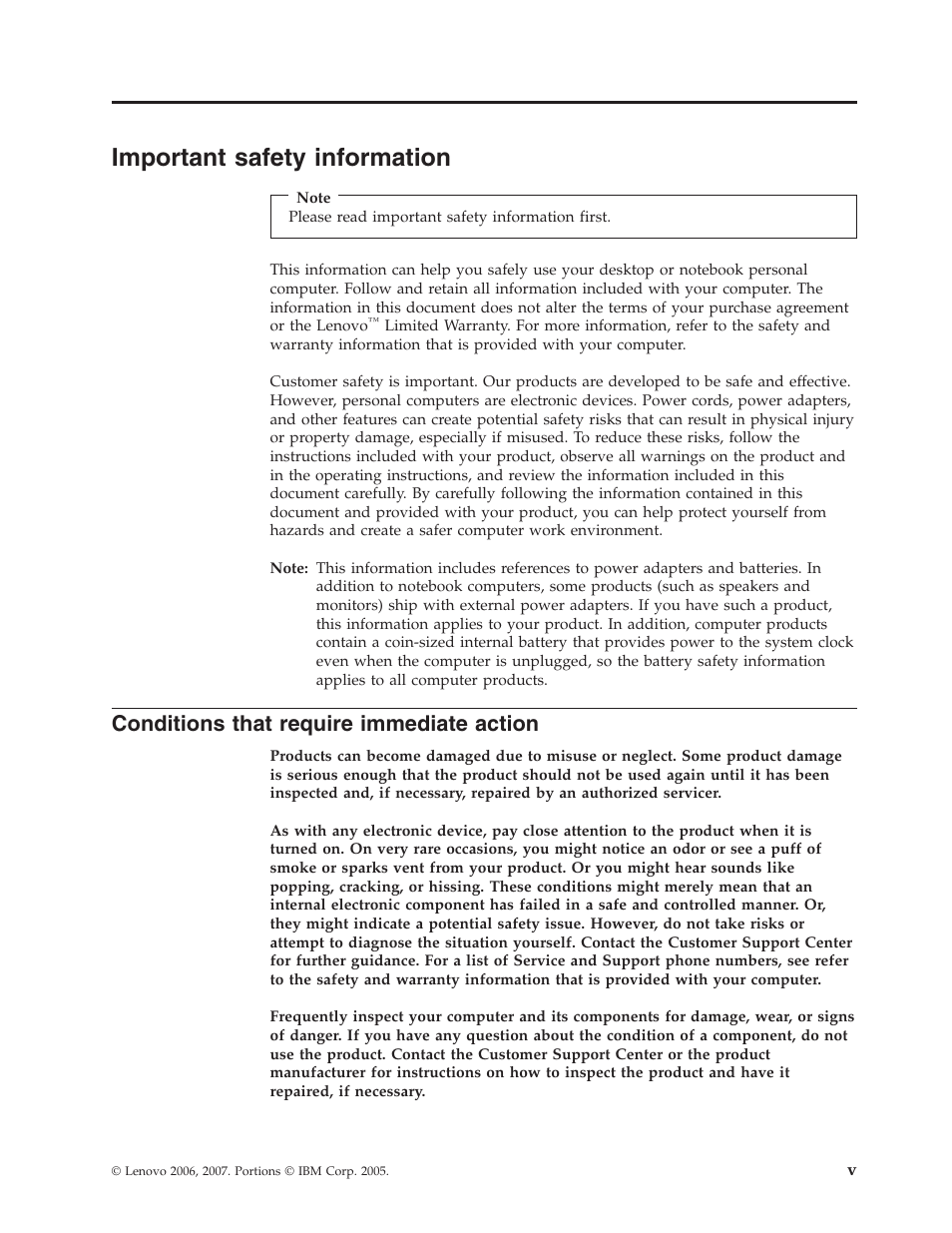 Important safety information, Conditions that require immediate action, Important | Safety, Information, Conditions, That, Require, Immediate, Action | Lenovo 6491 User Manual | Page 7 / 98