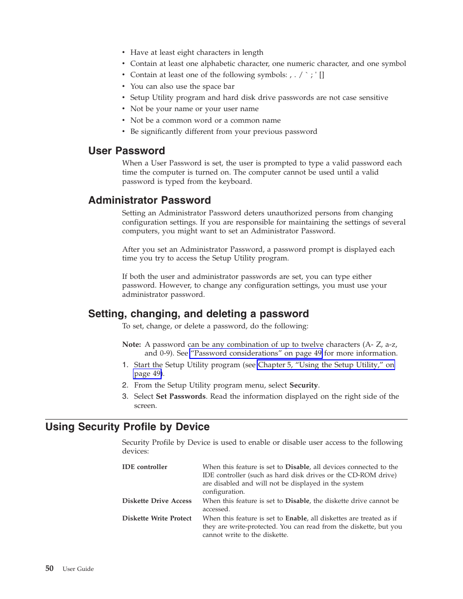 User password, Administrator password, Setting, changing, and deleting a password | Using security profile by device, User, Password, Administrator, Setting, Changing, Deleting | Lenovo 6491 User Manual | Page 70 / 98