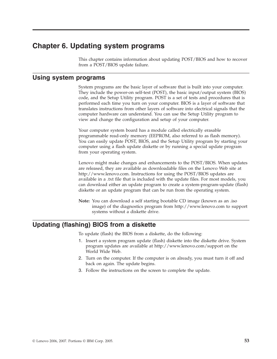 Chapter 6. updating system programs, Using system programs, Updating (flashing) bios from a diskette | Chapter, Updating, System, Programs, Using, Flashing), Bios | Lenovo 6491 User Manual | Page 73 / 98