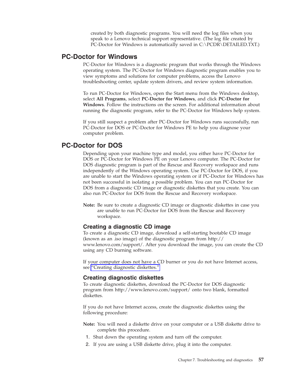 Pc-doctor for windows, Pc-doctor for dos, Creating a diagnostic cd image | Creating diagnostic diskettes, Pc-doctor, Windows | Lenovo 6491 User Manual | Page 77 / 98