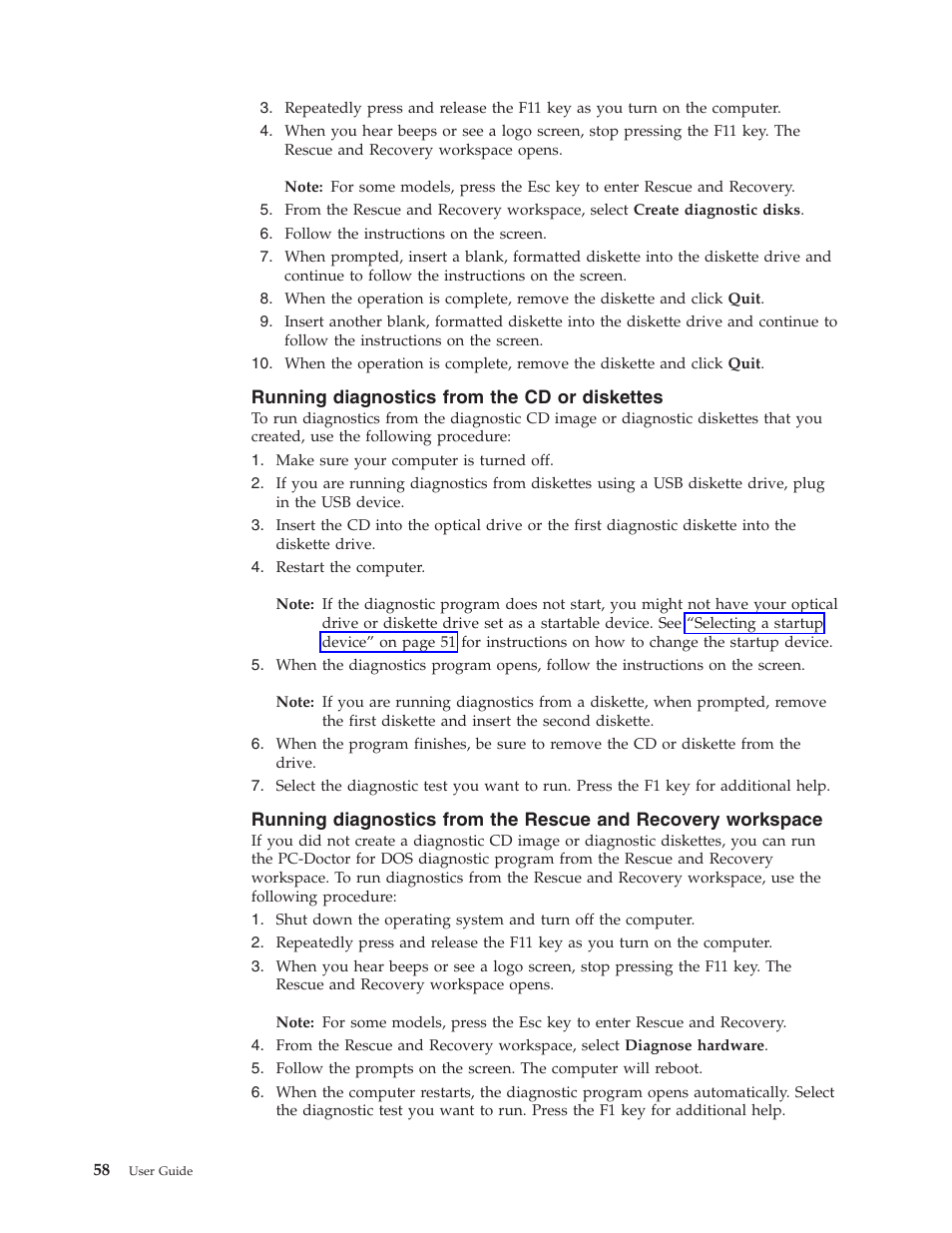 Running diagnostics from the cd or diskettes, Running, Diagnostics | From, Diskettes, Rescue, Recovery, Workspace | Lenovo 6491 User Manual | Page 78 / 98