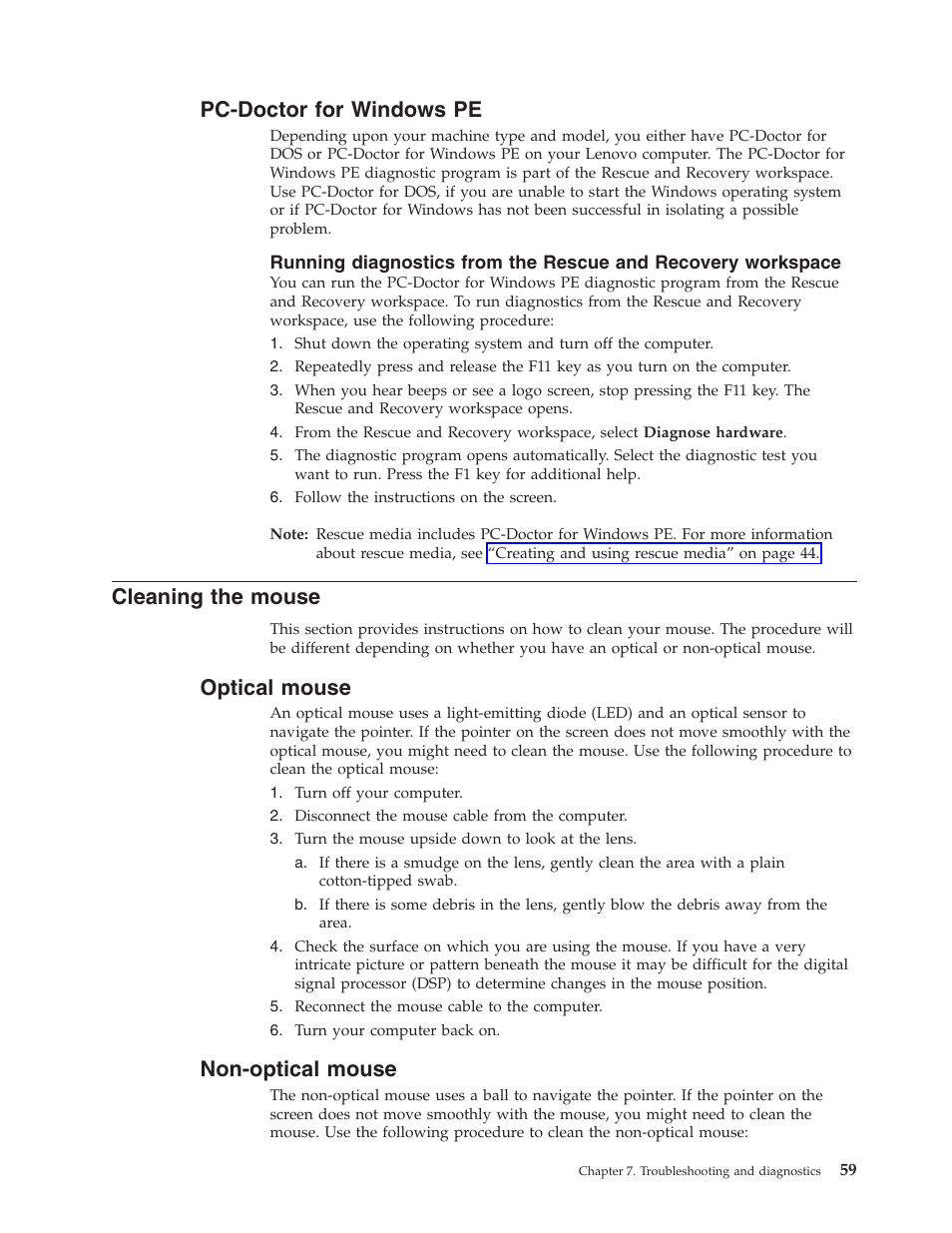 Pc-doctor for windows pe, Cleaning the mouse, Optical mouse | Non-optical mouse, Pc-doctor, Windows, Cleaning, Mouse, Optical, Non-optical | Lenovo 6491 User Manual | Page 79 / 98