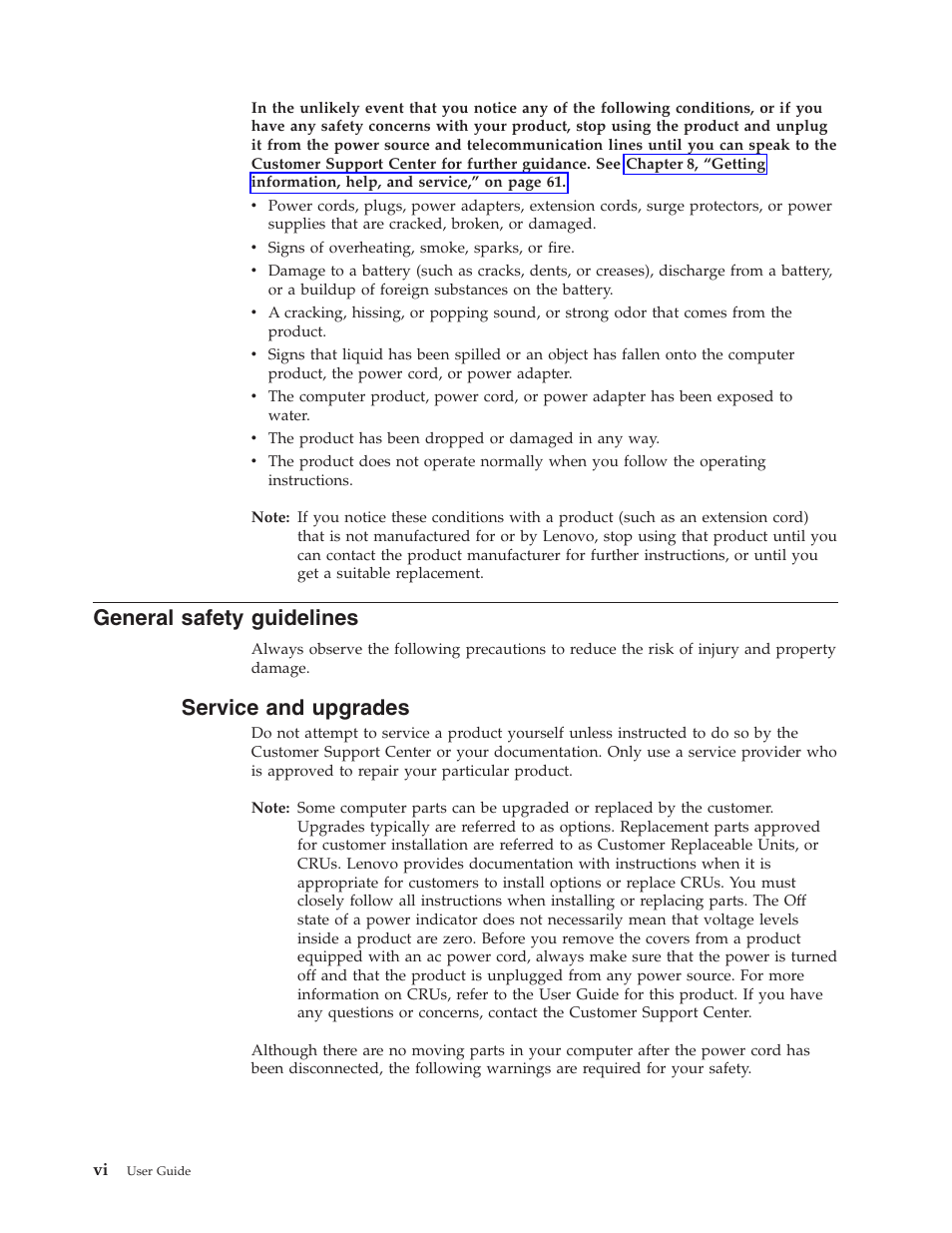 General safety guidelines, Service and upgrades, General | Safety, Guidelines, Service, Upgrades | Lenovo 6491 User Manual | Page 8 / 98