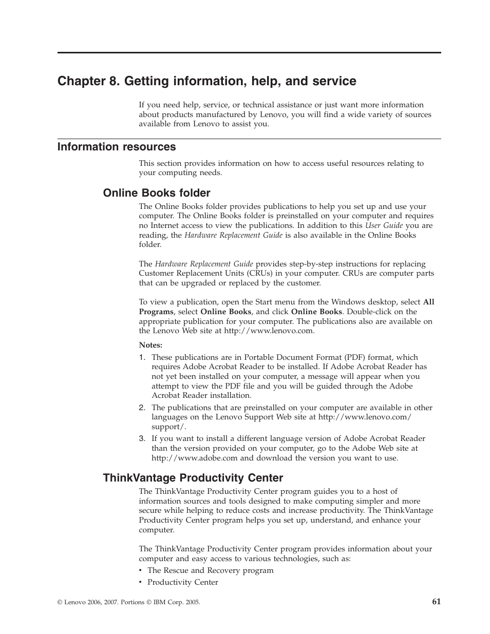 Chapter 8. getting information, help, and service, Information resources, Online books folder | Thinkvantage productivity center, Chapter, Getting, Information, Help, Service, Resources | Lenovo 6491 User Manual | Page 81 / 98
