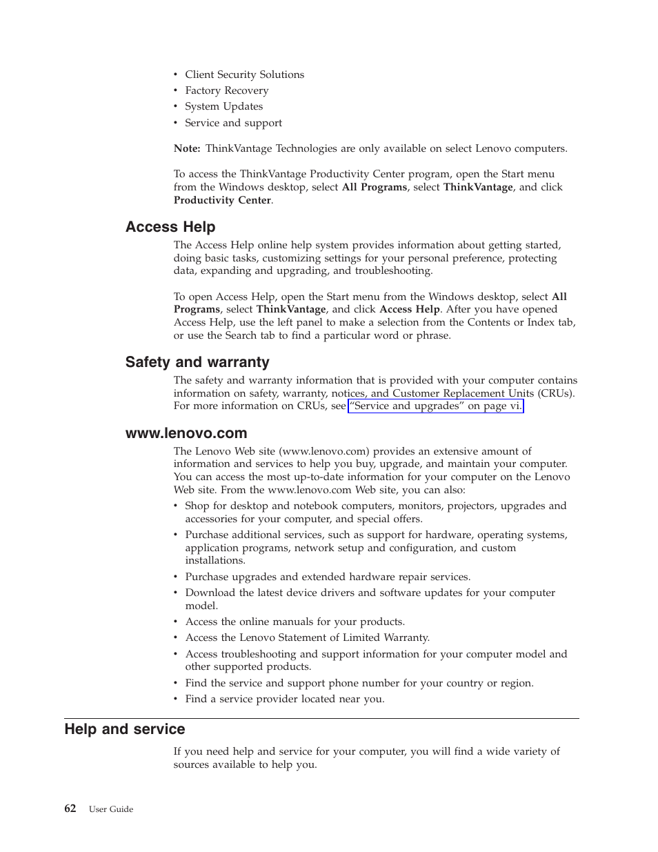 Access help, Safety and warranty, Www.lenovo.com | Help and service, Access, Help, Safety, Warranty, Service | Lenovo 6491 User Manual | Page 82 / 98