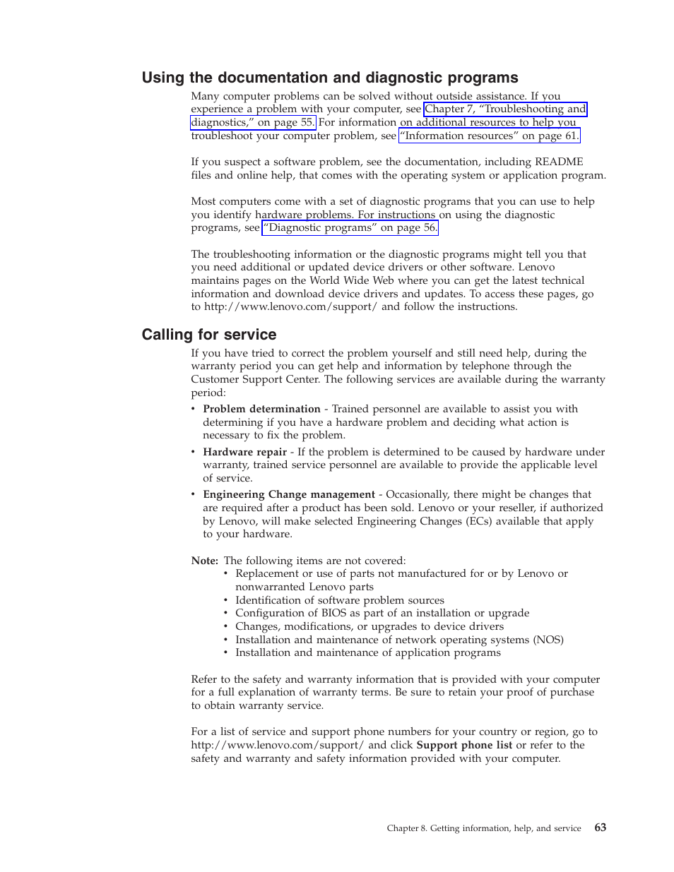 Using the documentation and diagnostic programs, Calling for service, Using | Documentation, Diagnostic, Programs, Calling, Service | Lenovo 6491 User Manual | Page 83 / 98
