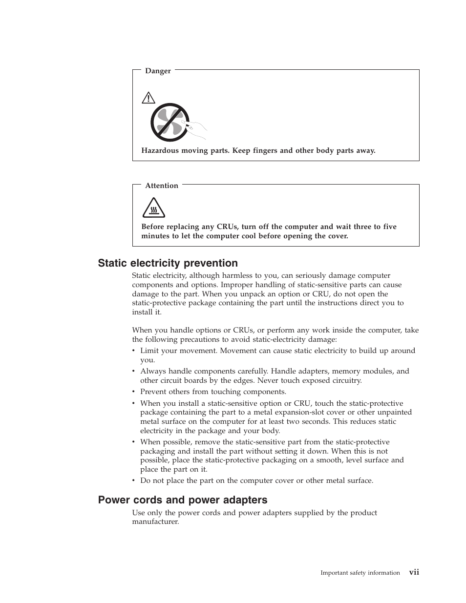 Static electricity prevention, Power cords and power adapters, Static | Electricity, Prevention, Power, Cords, Adapters | Lenovo 6491 User Manual | Page 9 / 98