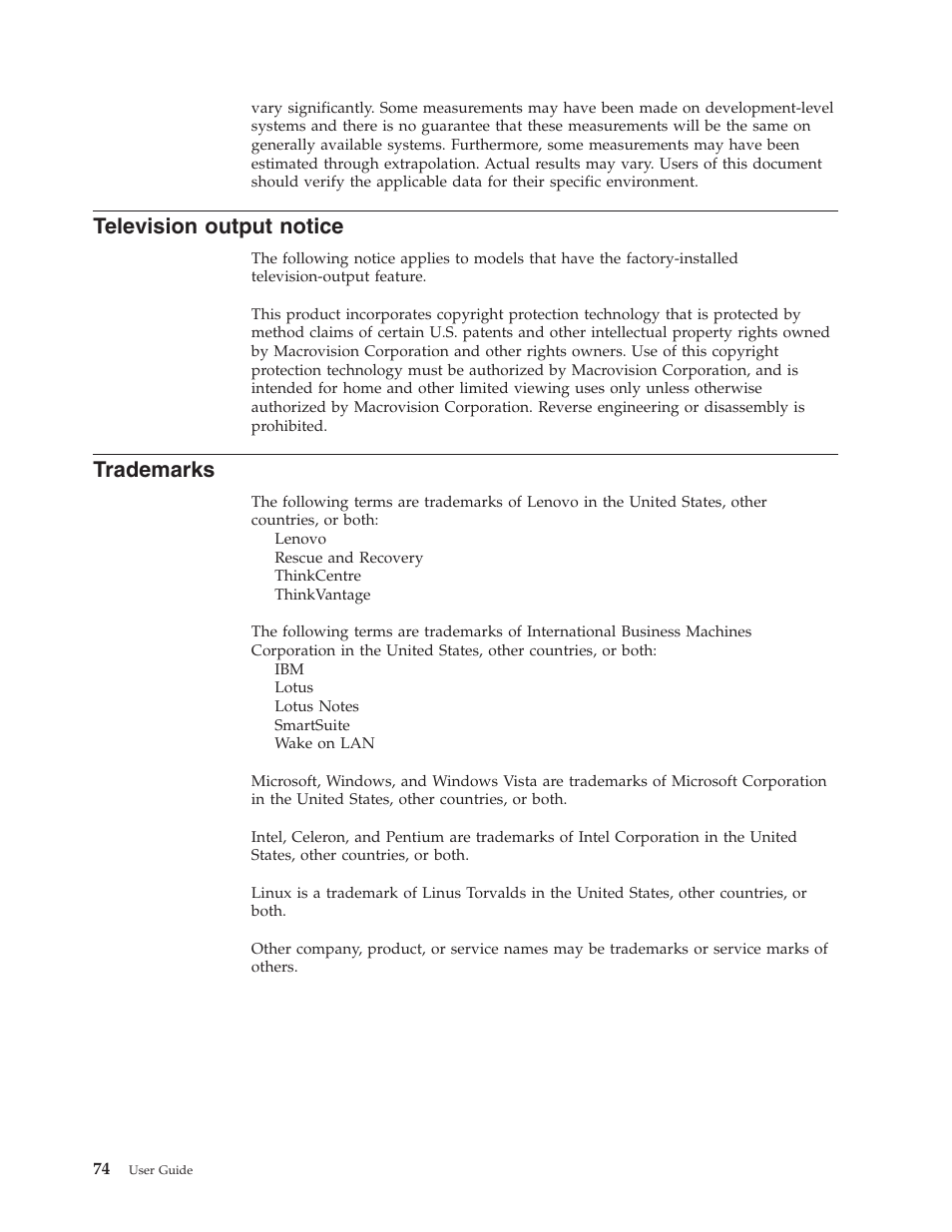 Television output notice, Trademarks, Television | Output, Notice | Lenovo 6491 User Manual | Page 94 / 98