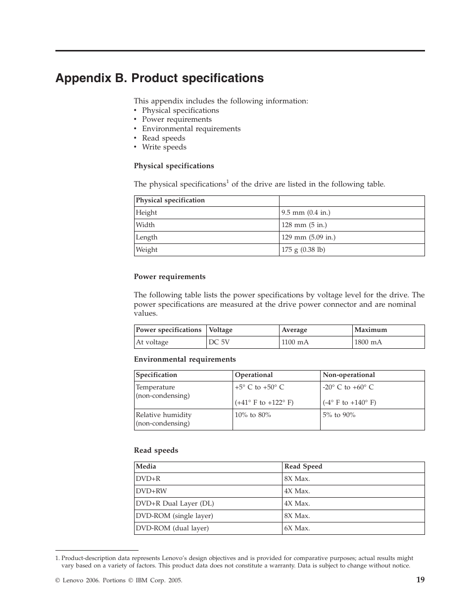 Appendix b. product specifications, Appendix, Product | Specifications | Lenovo ThinkPad 40Y8706 User Manual | Page 33 / 62