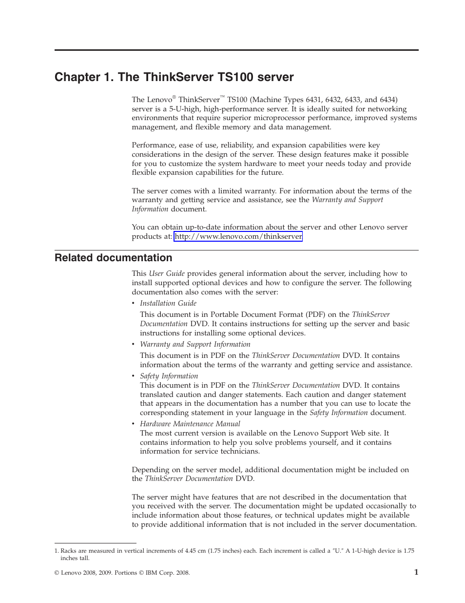Chapter 1. the thinkserver ts100 server, Related documentation, Chapter | Thinkserver, Ts100, Server, Related, Documentation | Lenovo 6434 User Manual | Page 15 / 96