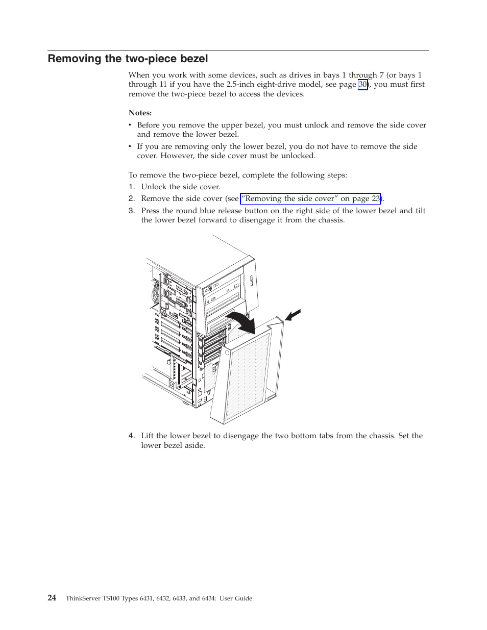 Removing the two-piece bezel, Removing, Two-piece | Bezel | Lenovo 6434 User Manual | Page 38 / 96