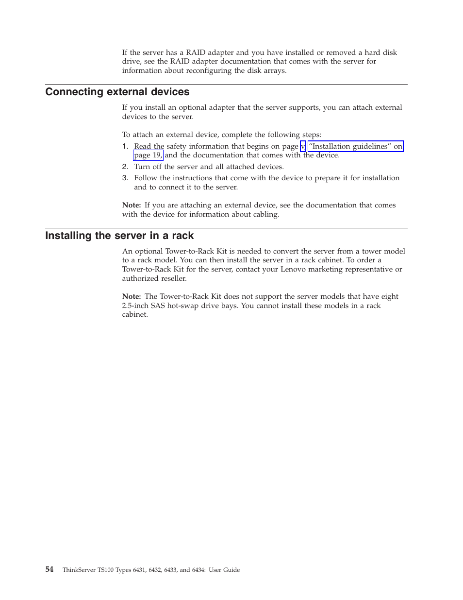 Connecting external devices, Installing the server in a rack, Connecting | External, Devices, Installing, Server, Rack | Lenovo 6434 User Manual | Page 68 / 96