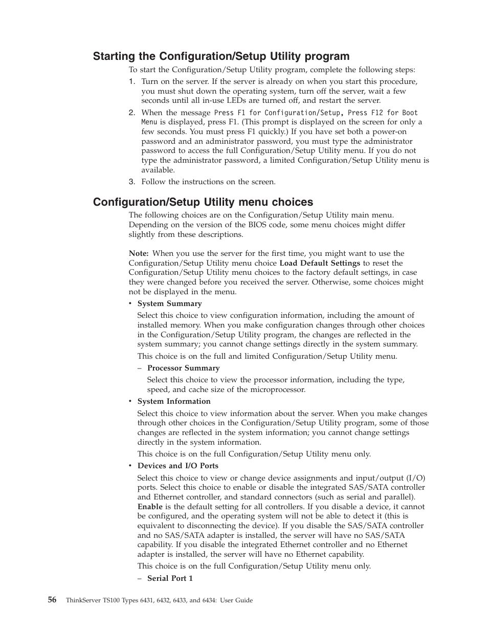 Starting the configuration/setup utility program, Configuration/setup utility menu choices, Starting | Configuration/setup, Utility, Program, Menu, Choices | Lenovo 6434 User Manual | Page 70 / 96
