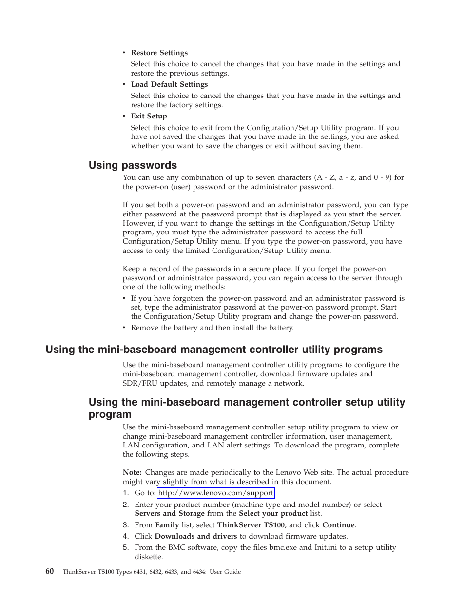 Using passwords, Using, Passwords | Mini-baseboard, Management, Controller, Utility, Programs, Setup, Program | Lenovo 6434 User Manual | Page 74 / 96