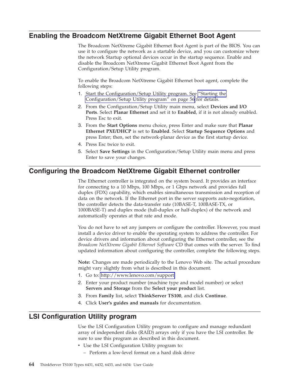 Lsi configuration utility program, Enabling, Broadcom | Netxtreme, Gigabit, Ethernet, Boot, Agent, Configuring, Controller | Lenovo 6434 User Manual | Page 78 / 96