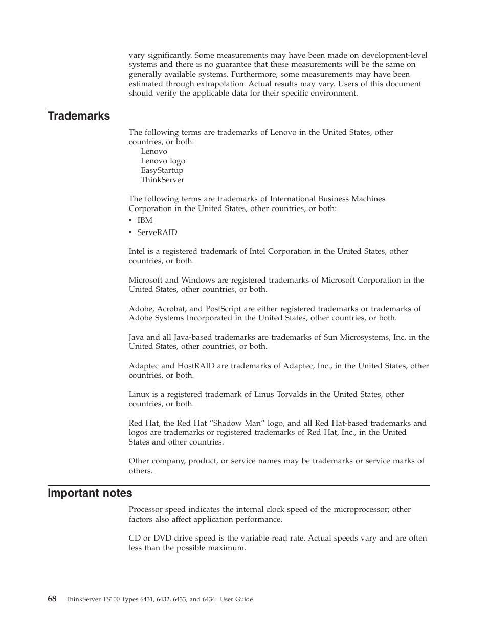 Trademarks, Important notes, Important | Notes | Lenovo 6434 User Manual | Page 82 / 96