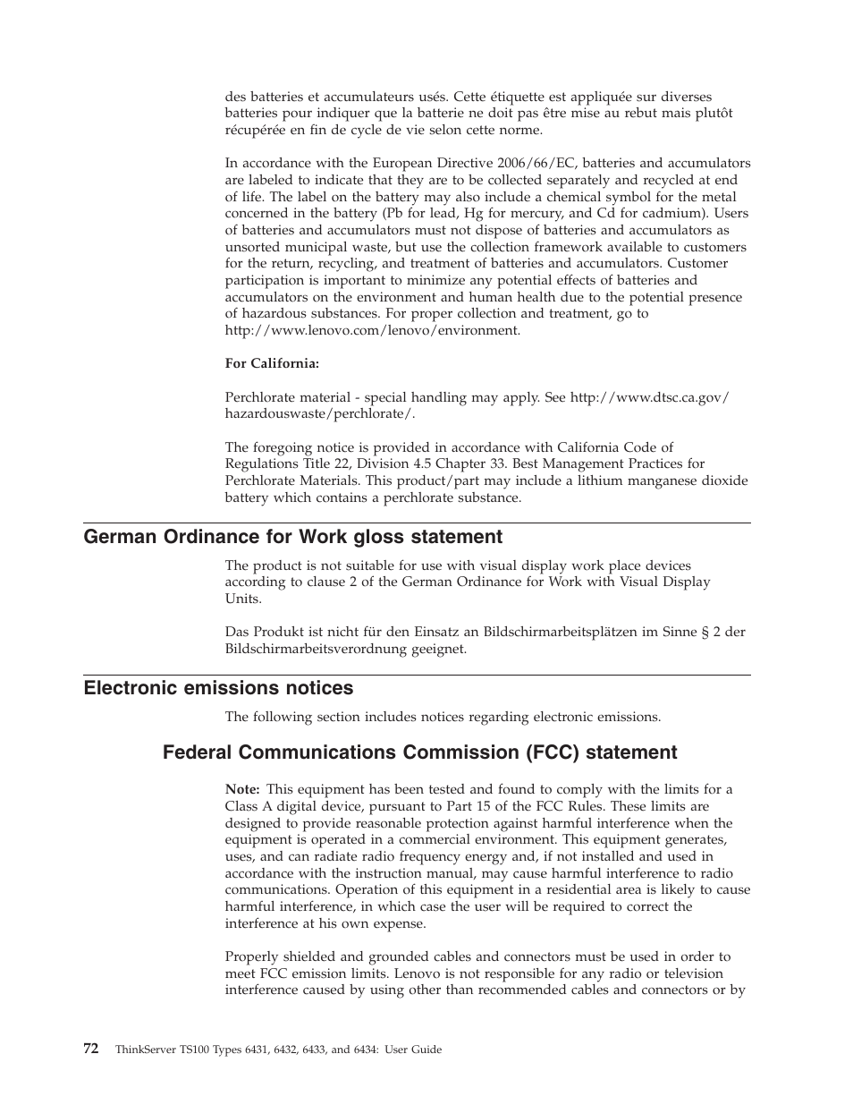 German ordinance for work gloss statement, Electronic emissions notices, Federal communications commission (fcc) statement | German, Ordinance, Work, Gloss, Statement, Electronic, Emissions | Lenovo 6434 User Manual | Page 86 / 96
