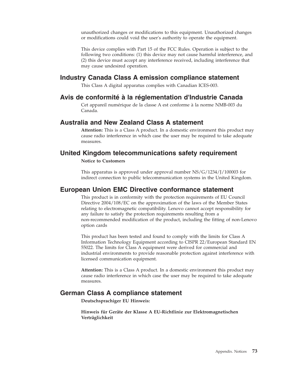 Australia and new zealand class a statement, European union emc directive conformance statement, German class a compliance statement | Industry, Canada, Class, Emission, Compliance, Statement, Avis | Lenovo 6434 User Manual | Page 87 / 96