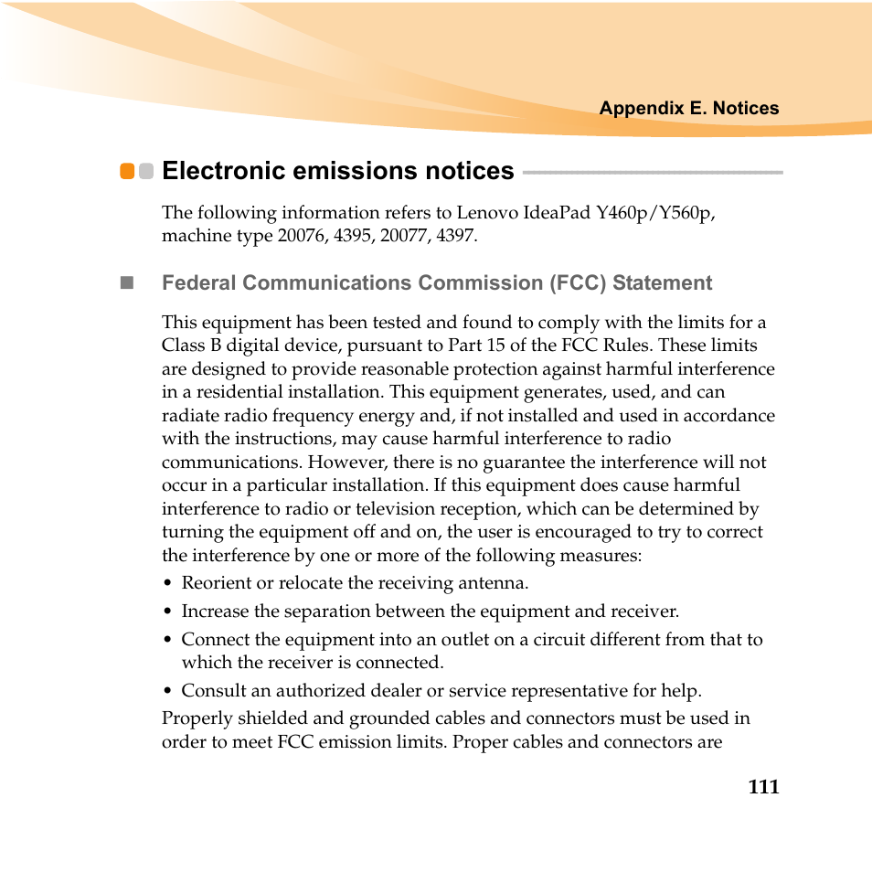 Electronic emissions notices | Lenovo IDEAPAD Y560P User Manual | Page 125 / 145