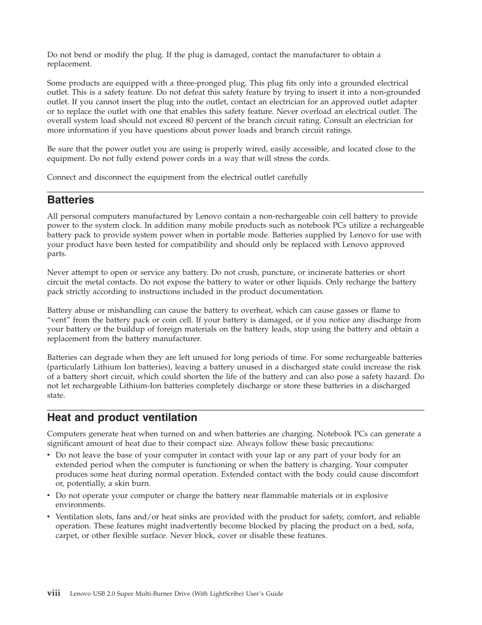 Batteries, Heat and product ventilation, Viii | Heat, Product, Ventilation | Lenovo 41N5631 User Manual | Page 10 / 68