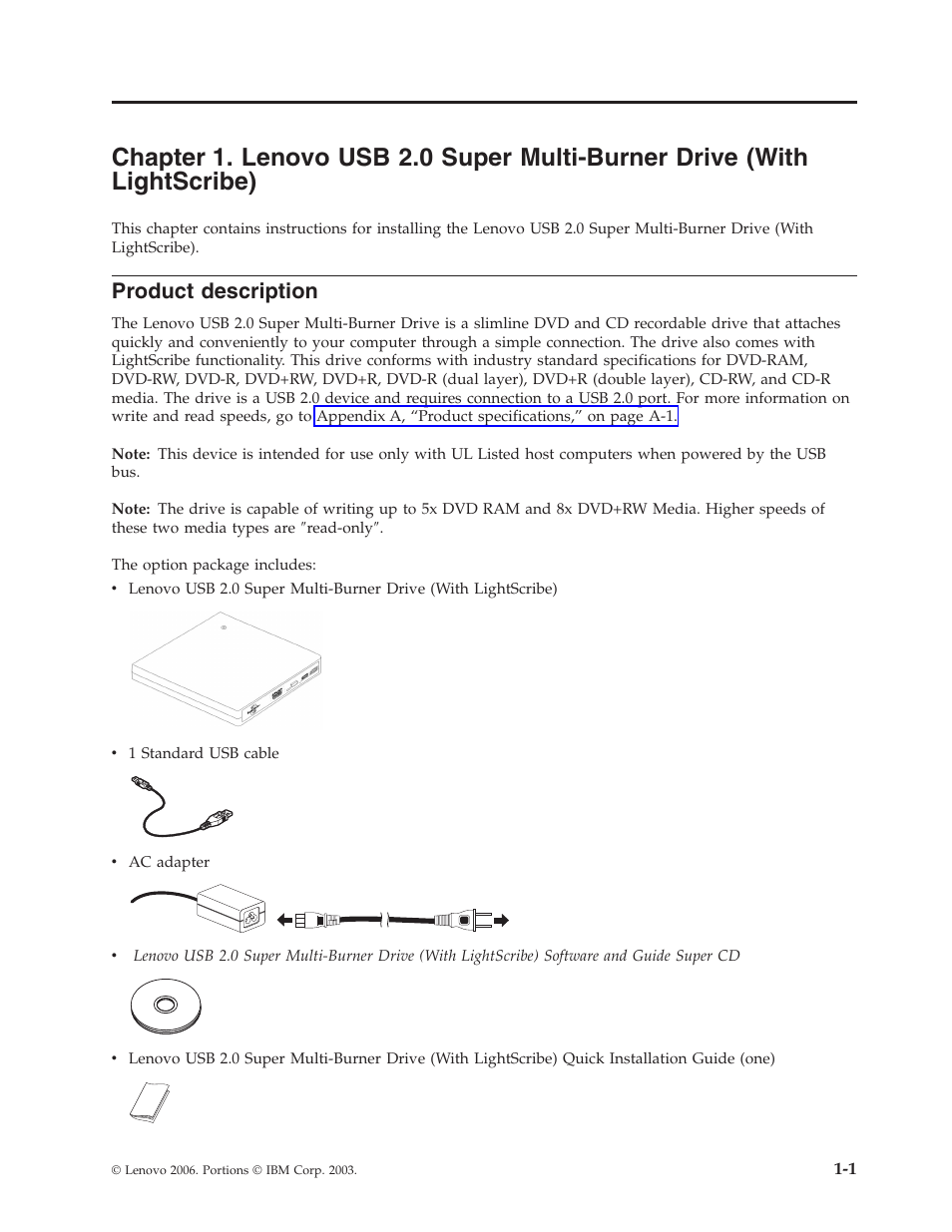 Product description, Chapter, Lenovo | Super, Multi-burner, Drive, With, Lightscribe), Product, Description | Lenovo 41N5631 User Manual | Page 13 / 68