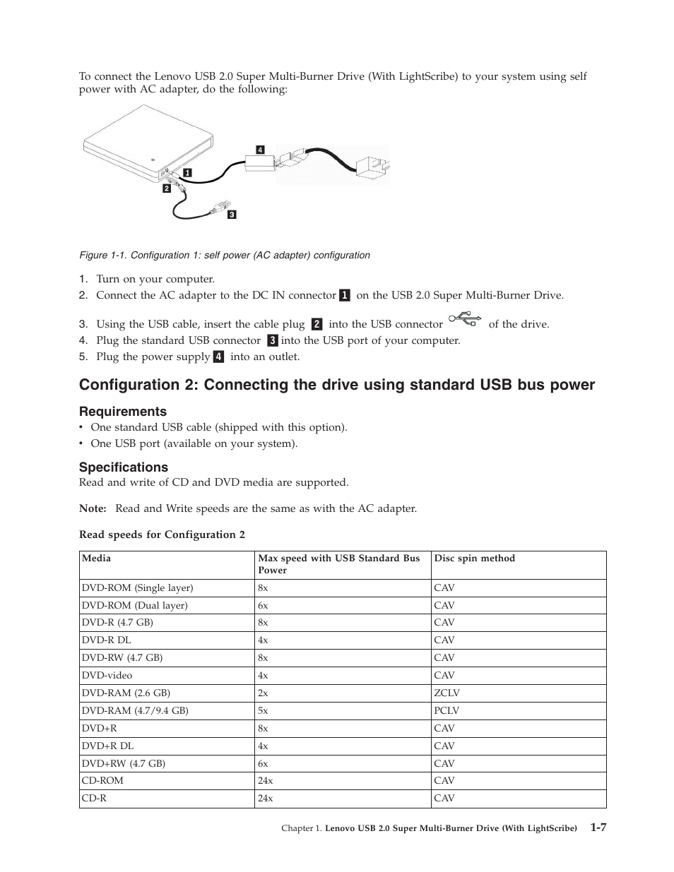 Requirements, Specifications, Configuration | Connecting, Drive, Using, Standard, Power | Lenovo 41N5631 User Manual | Page 19 / 68