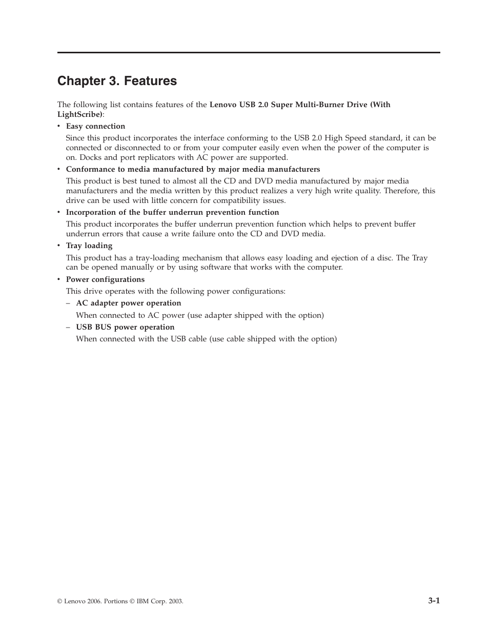 Chapter 3. features, Chapter, Features | Lenovo 41N5631 User Manual | Page 23 / 68