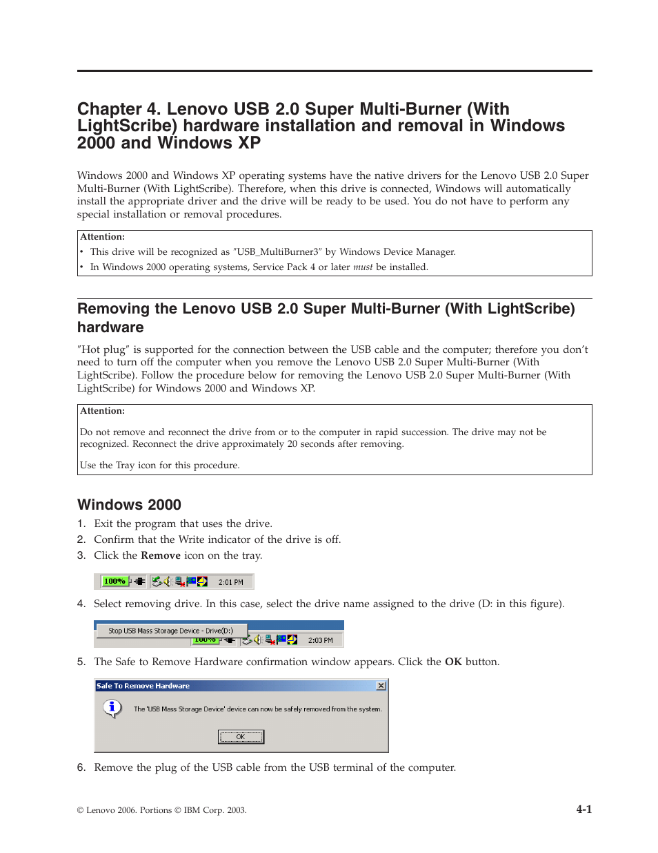 Windows 2000, Chapter, Lenovo | Super, Multi-burner, With, Lightscribe), Hardware, Installation, Removal | Lenovo 41N5631 User Manual | Page 25 / 68