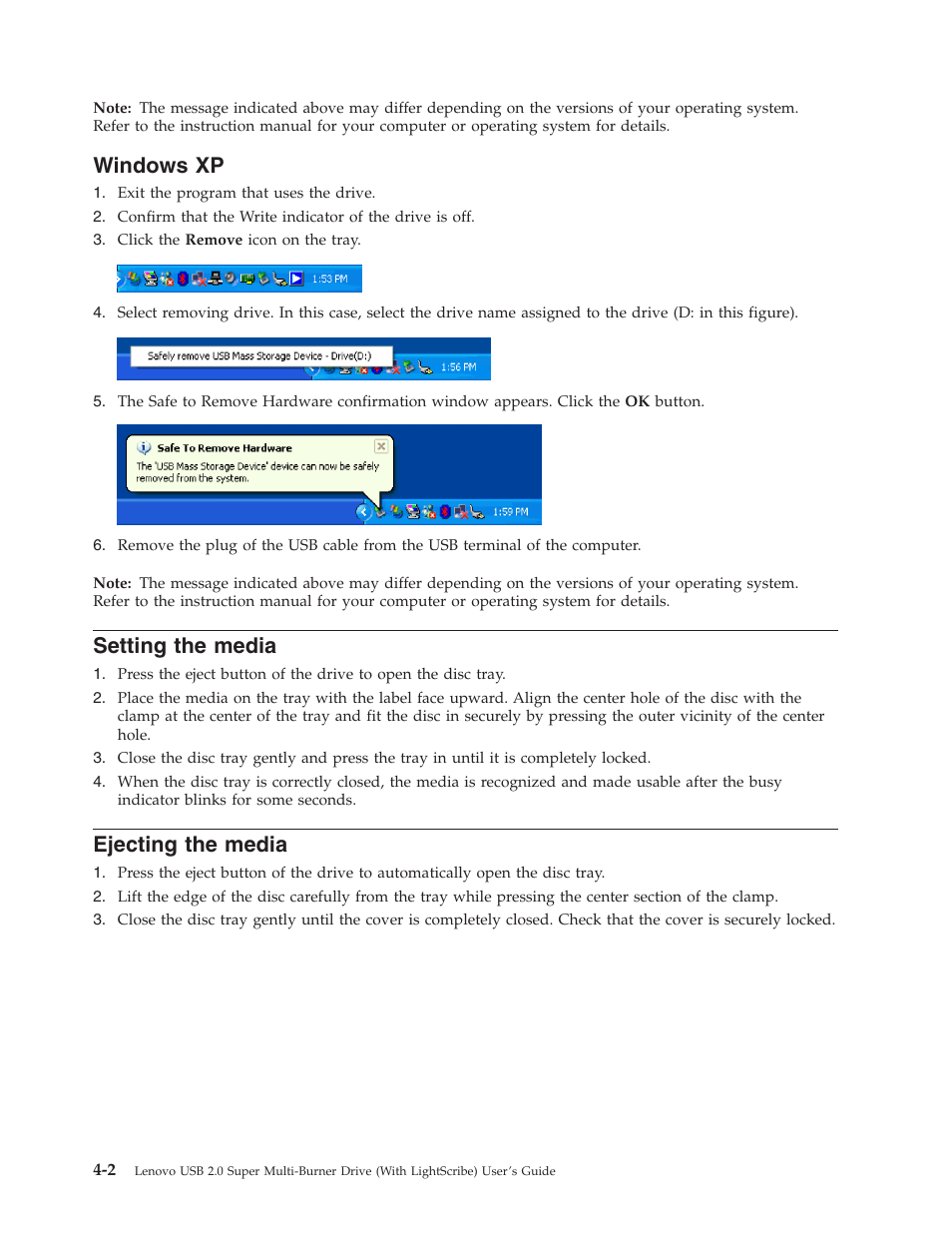 Windows xp, Setting the media, Ejecting the media | Windows, Setting, Media, Ejecting | Lenovo 41N5631 User Manual | Page 26 / 68