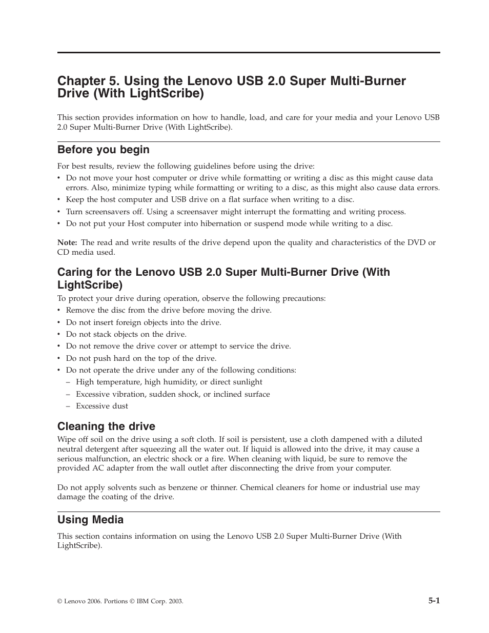 Before you begin, Cleaning the drive, Using media | Chapter, Using, Lenovo, Super, Multi-burner, Drive, With | Lenovo 41N5631 User Manual | Page 27 / 68